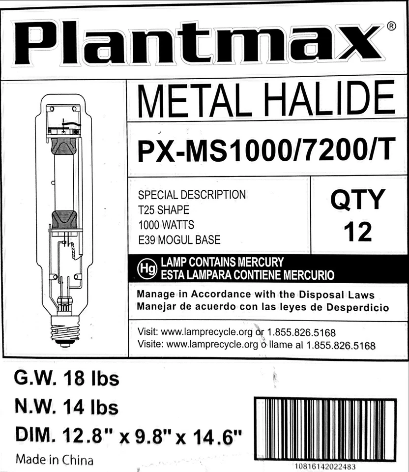 (CASE Of 12) PlantMax MH Sky Blue spectrum 1000 Watt - 7200K Lamp Bulb - Image 3 of 4
