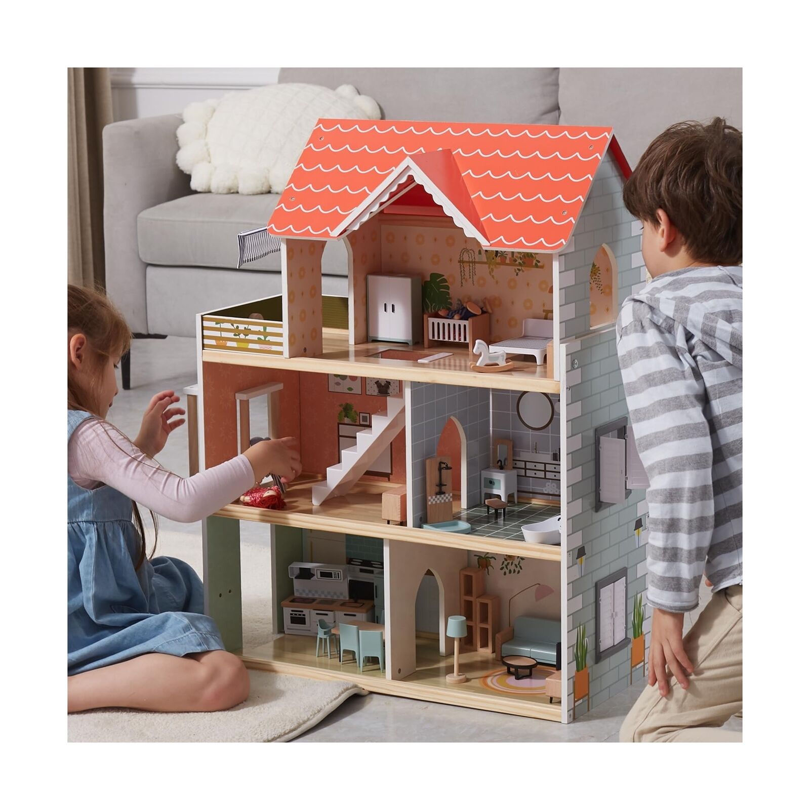 Giant bean Wooden Doll House, 2.6-ft Tall DIY Miniature Dollhouse Kit with  Elevator, Doorbell & Light, 15 Pieces Furniture, Large Toy Gift for Kids