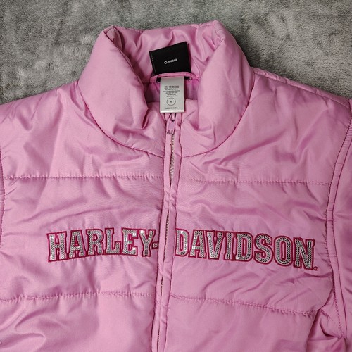 Harley Davidson Jacket Kids Girls Medium Pink Puffer Winter Coat Full Zip - Picture 11 of 15