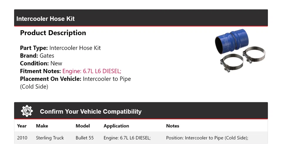 Kit de manguera intercooler Bullet 55 2010 Sterling Truck puertas Foto 2 de 3