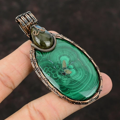Gift For Her Russian Malachite Wire Wrapped Pendant Copper Jewelry 3.15" video thumbnail