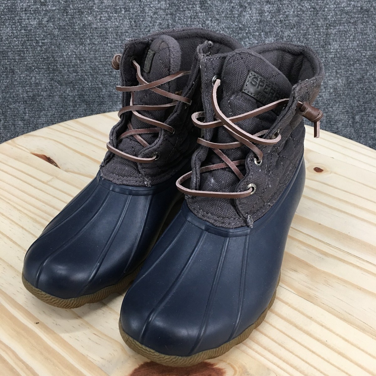 grey and blue sperry duck boots