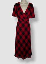 Ralph Lauren Women's Red Check Print Surplice MIDI Dress Size 2