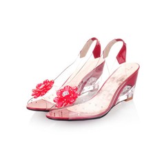 Women's Open Toe Flower Rhinestone Clear Sandals Mid Wedge Heel Slingbacks Shoes