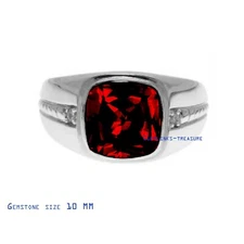 Natural Garnet  & CZ  Gemstones with 925 Sterling Silver Ring For Men's #954