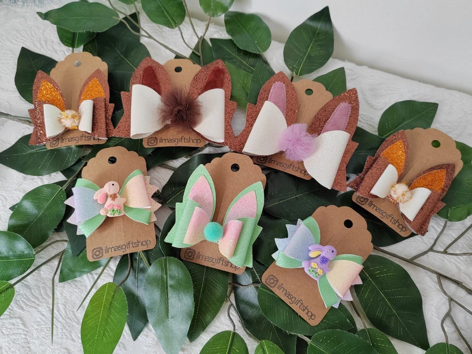 Handmade 3" 4" Easter Bunny Glitter Leather Brown Rainbow Hair Clip Bow Bobble - Image 3 of 3