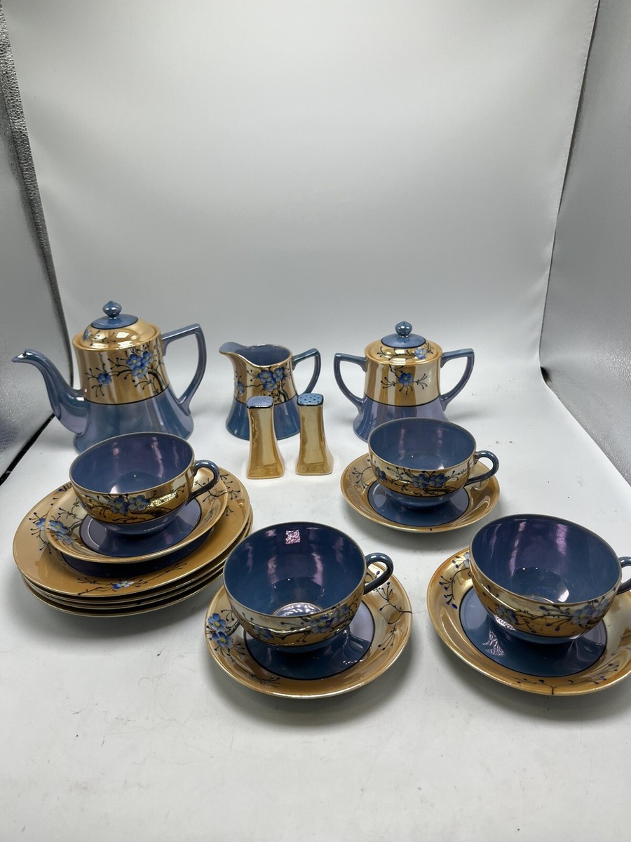 Vtg Japanese Hand Painted Blue Peach Iridescent Lusterware Tea
