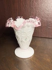 Vintage Fenton Handpainted J. Powell Pink Ruffle Lace Floral Vase 4 1/8" Tall