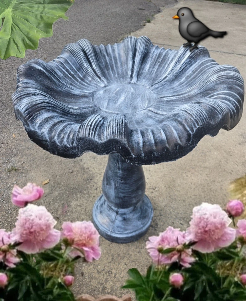 Stonecast Birdbath 2 Tier With Statue Of Girl Holding A Flower /Center Piece - Image 4 of 4