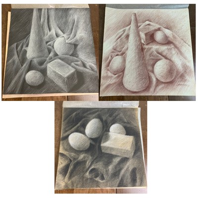 Set of 3 VINTAGE 60s 70s Original Artist Signed Charcoal still life art 20 x 20