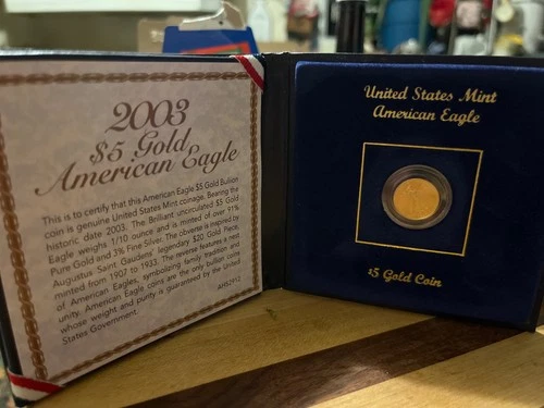🌟 2003 $5 1/10 oz Gold American Eagle UNC BU Vintage Date Coin w/Booklet