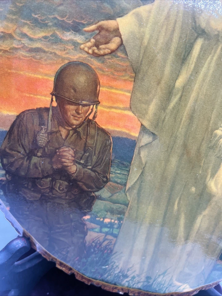 Vintage Rustic Live Wooden Bark-Edge Slab Wood Photo Jesus Soldier War Wall - Image 4 of 4