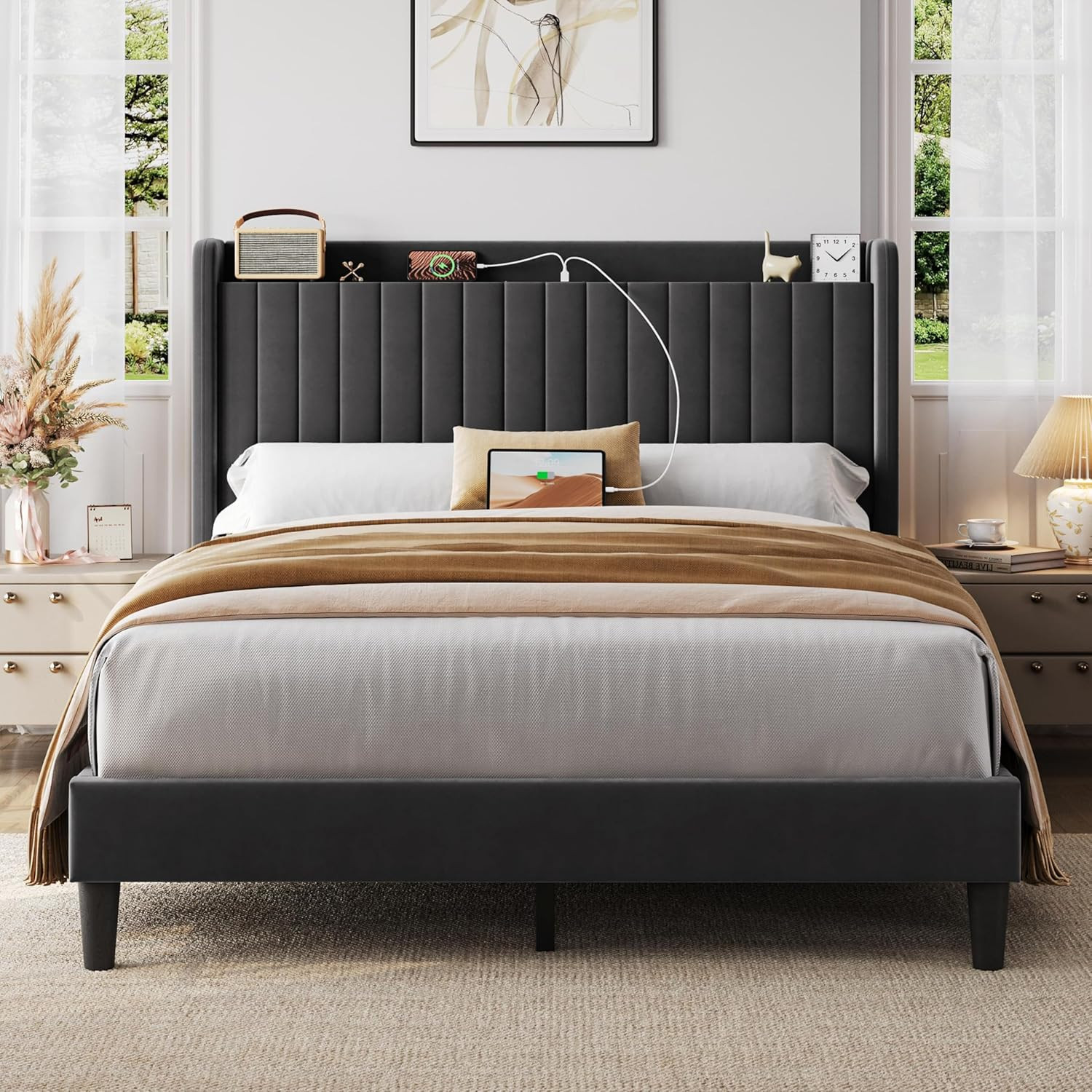 With Usb, Storage Shelf, And Easy Assembly - Dark Grey