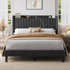 Queen Bed Frame with USB Charging Station and Storage Shelf/Upholstered Headboar