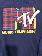 Retro MTV Music Television Plaid Graphic Navy Blue Crewneck Sweatshirt medium