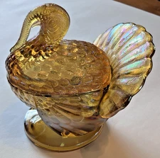 Vintage L. E. Smith Gold Carnival Glass Turkey Covered Candy Dish Thanksgiving