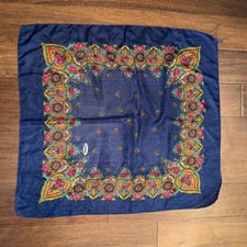 Vintage Cavus Floral Scarf Navy Blue Folk Print Large Square Head Scarf