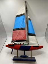 Vintage Wooden Model Sailboat Display &ndash; Nautical Maritime Decor &ndash; Red/Blue/White