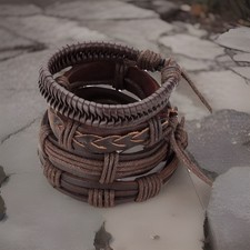 17 Pcs Brown leather braided Layered Wooden Bracelet Set Men s Unisex