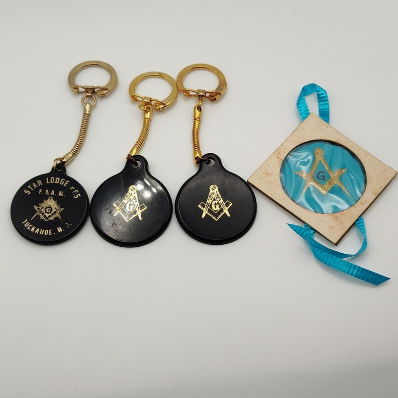 Lot of 3 Freemasonry Keychains Black/Gold Plastic & Metal Detachable Keyring