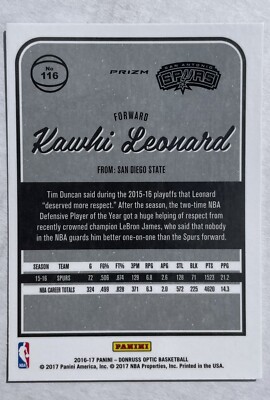 Kawhi Leonard 2016 Panini Donruss Optic Holo #116 | eBay