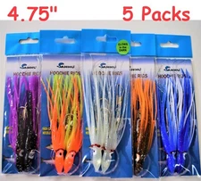 5 Packs 4.75" Rigged Hoochie Squid Skirts Octopus Trolling Lures -Combo Colors
