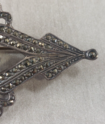Broche Ancienne En Argent Massif - Décor Marcassite Et Onyx, Bon état