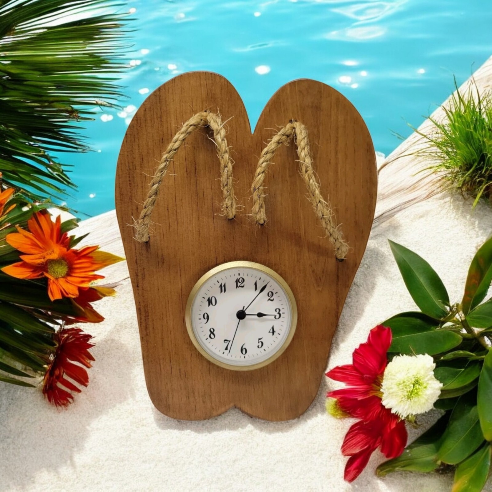 Flip Flops Wooden Clock Twine Straps Quartz Battery 11x8" Beach House Cabin