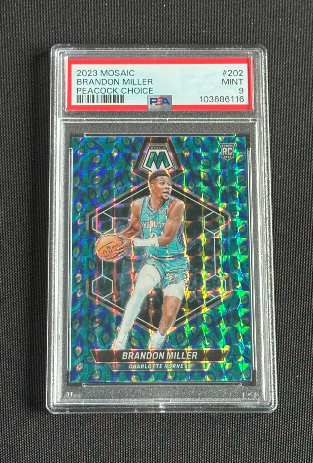 2023-24 Mosaic Brandon Miller Rc Rookie Peacock Choice Prizm #202 SSP PSA 9