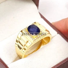 Blue Sapphire Oval Cut With 925 Sterling Silver Gold Plated Ring For Men #B631