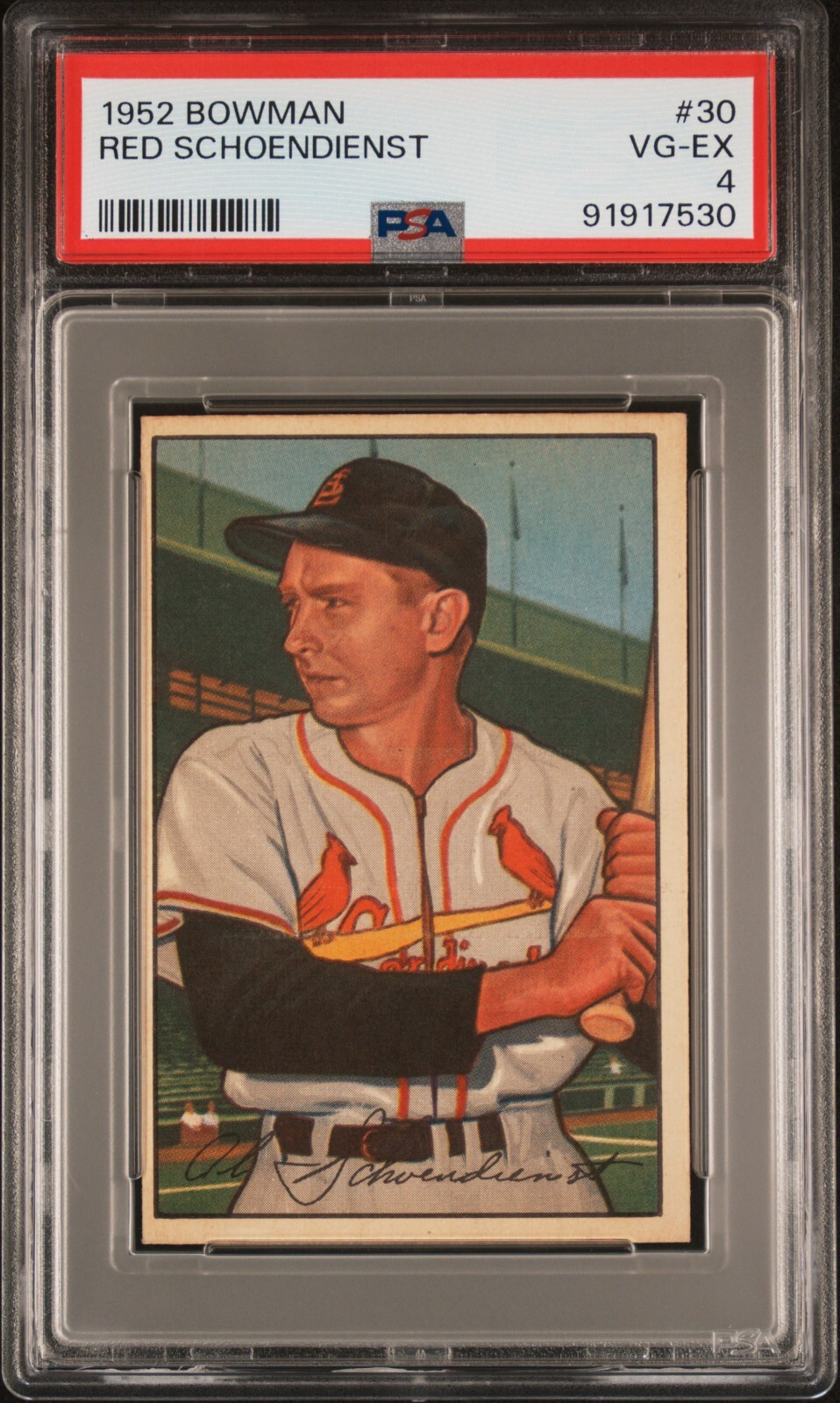RED SCHOENDIENST 1952 BOWMAN BASEBALL CARD #30 CARDINALS PSA 4 VG-EX