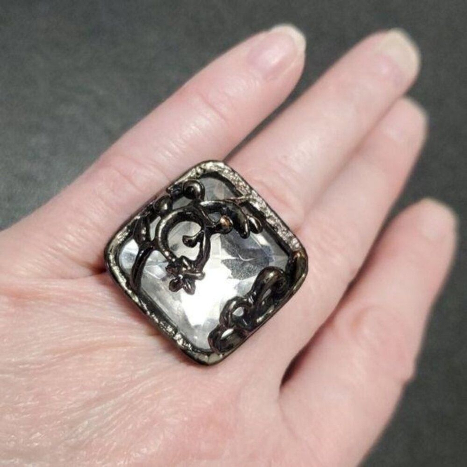 Dark silver tone rhinestone adjustable ring - image 1