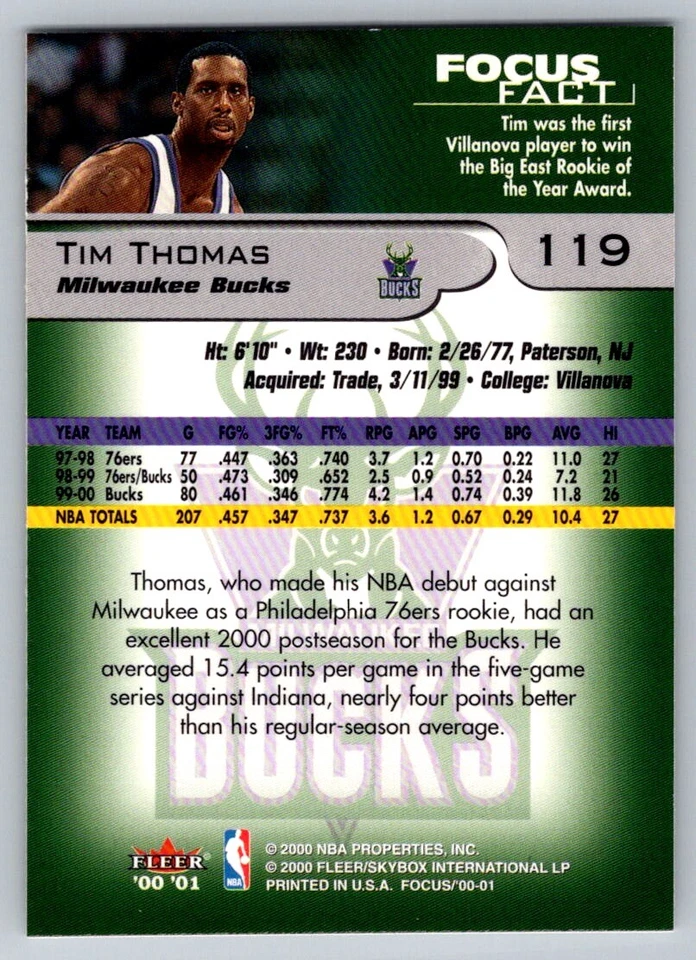 2000-01 Fleer Focus #119 Tim Thomas - Image 2 of 2
