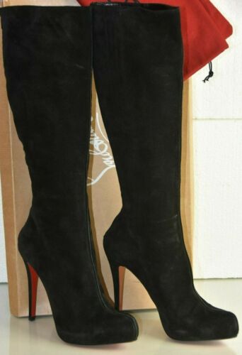 Neuf Christisn Louboutin Daim Noir Genou Bottes Caché Chaussures Plateforme 41.5 - Picture 1 of 12