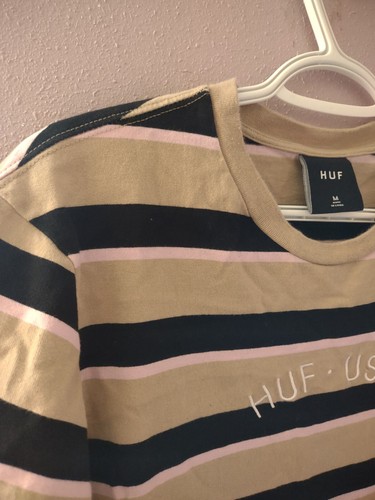 HUF T Shirt Mens Size Medium Tan Black Pink Striped Casual Short Sleeve - Picture 3 of 8