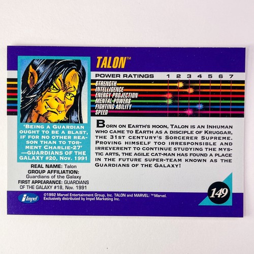 Carta collezionabile Marvel Impel 1992 Talon Rookie 149 Serie 3 MCU Guardians Galaxy - Foto 2 di 2