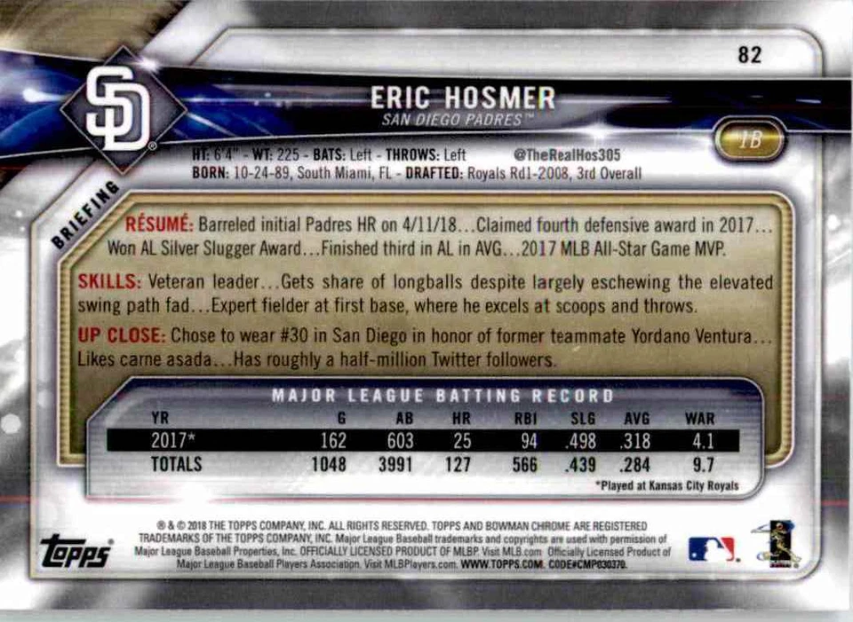 2018 Bowman Chrome Eric Hosmer #82 - Image 2 of 2