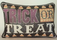 Halloween - Words TRICK OR TREAT, Candy Corn, Glitter Finish Tapestry Pillow New