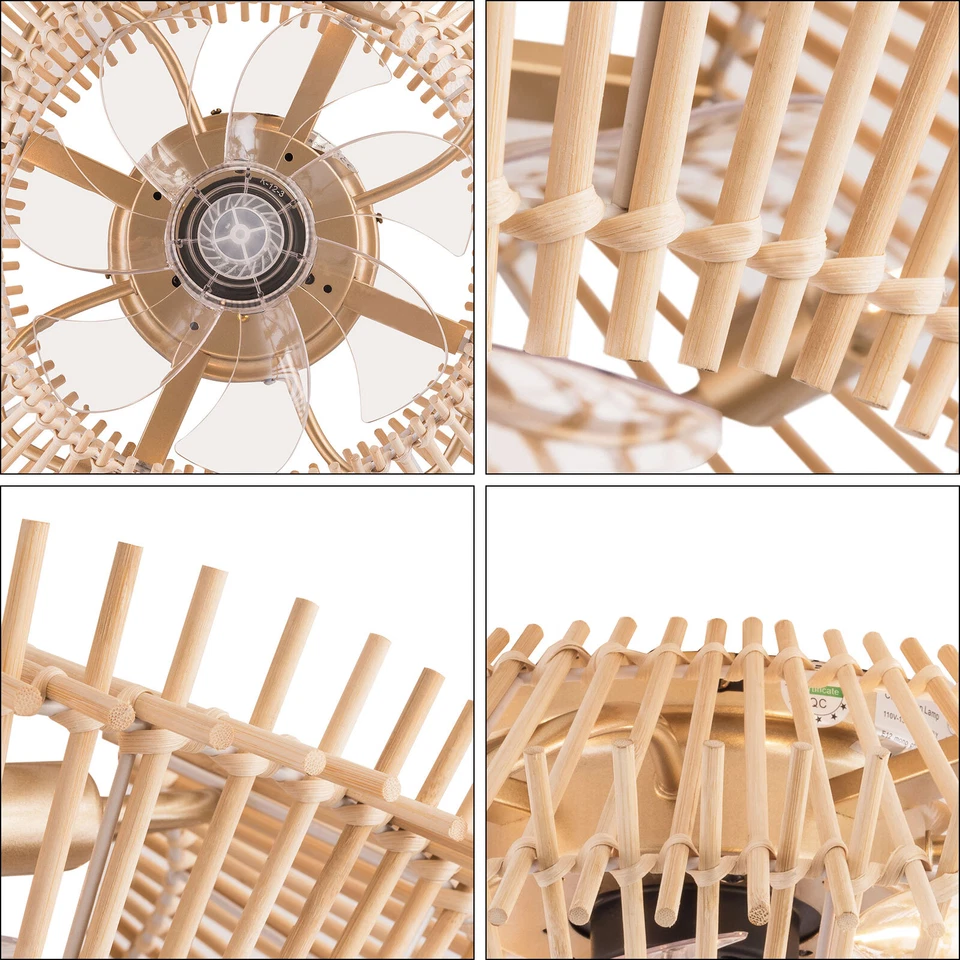 18" Bamboo Caged Ceiling Fan Light Low Profile 6 Speeds Chandelier with Remote - Image 4 of 4