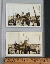 Vintage Snapshot 2 Photos Senior Men Fishing In An Old Wooden Row Boat c. 1940