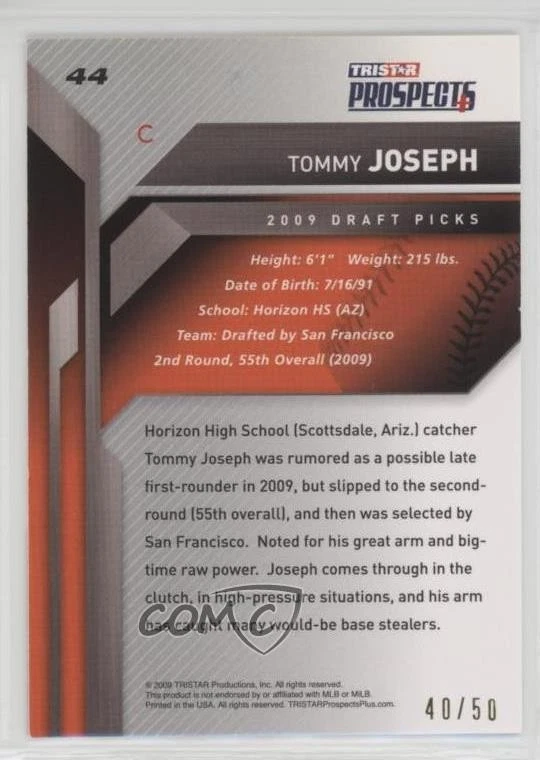 2009 TRISTAR Prospects Plus Gold Auto /50 Tommy Joseph #44 Auto - Image 2 of 2