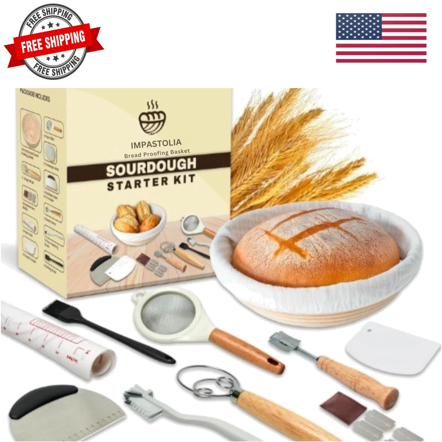 Sourdough Starter Kit With 9" Banneton Bread Proofing Basket Complete Sourdou...