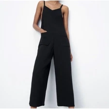 Zara Black Jumpsuit Sleeveless Culottes Wide Leg Linen Pockets Casual Sz M