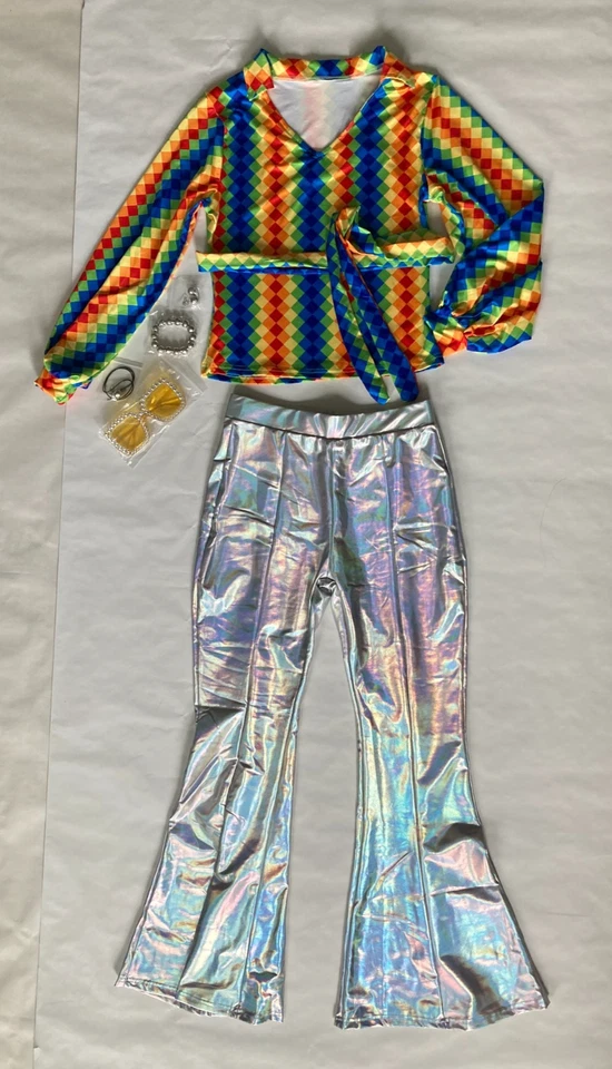 Joy Bang 70s Disco Costume Size S Rainbow Top Silver Bell-Bottom M Not Halloween - Image 4 of 4