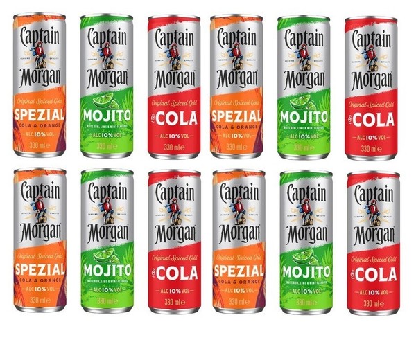 12 Dosen Captain Morgan Mix ( 3 Sorten ) Cola/Mojito Spezial 0,33L Einweg Pfand-image