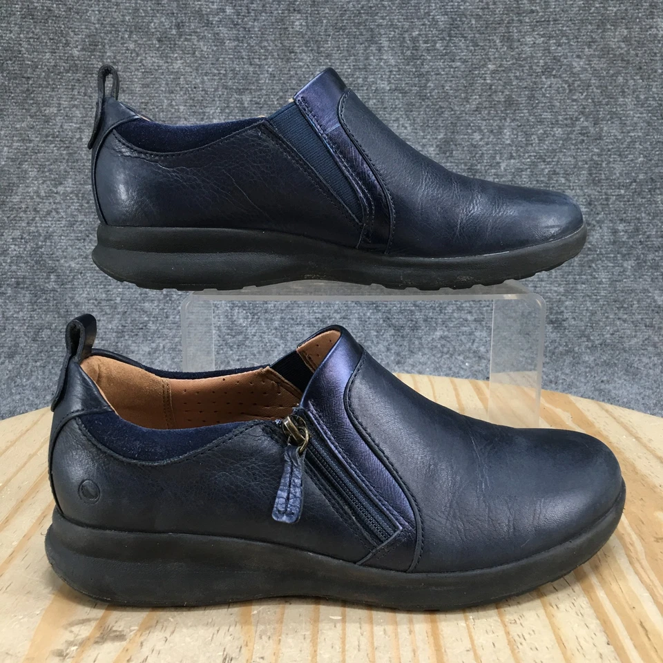 Clarks Unstructured Shoes Womens 8M Un Adorn Casual Side Zip Loafer Blue Leather - Image 2 of 4