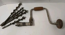 Antique P.S. & W. Co. No. 3410 Lever Flip Hand Drill Brace with Bits