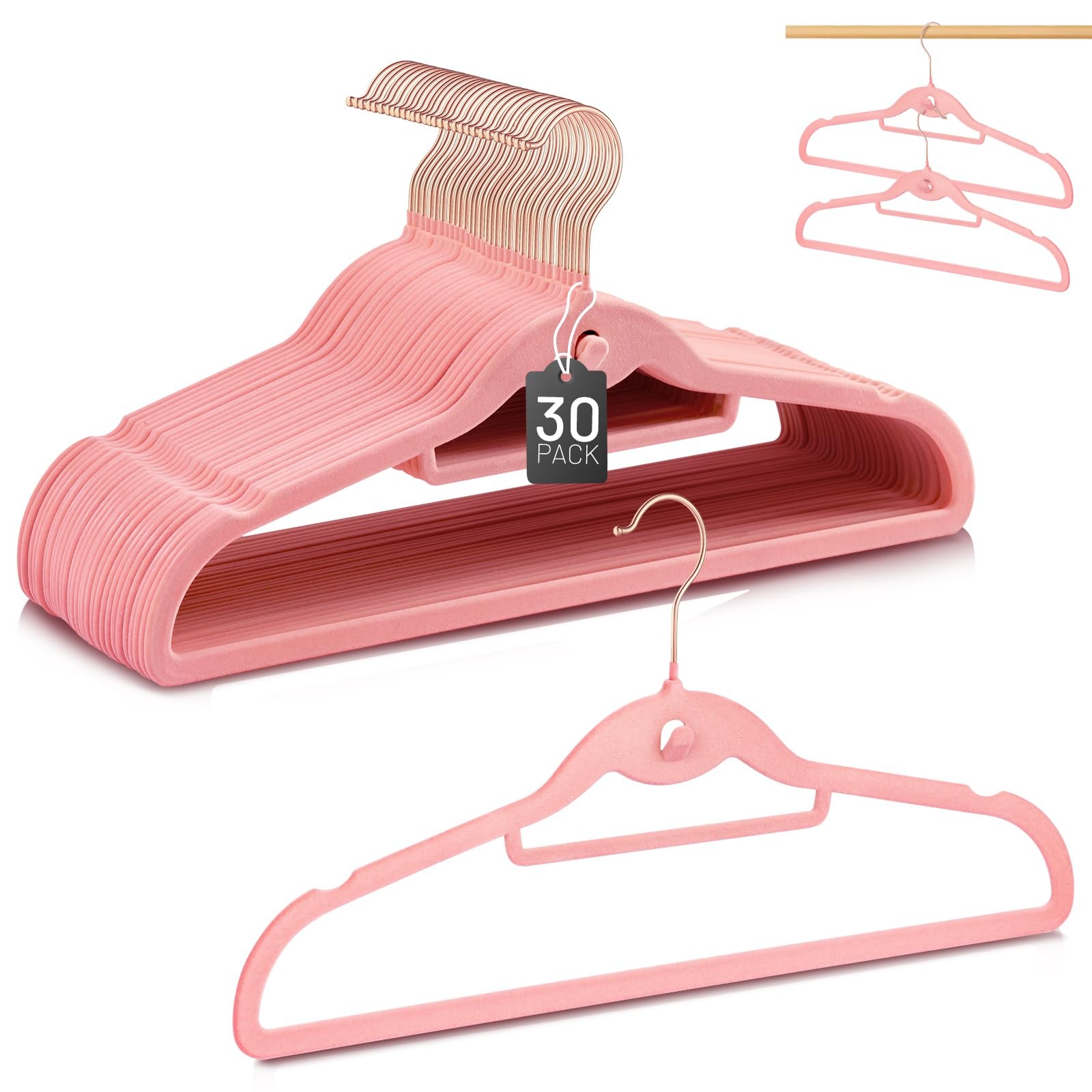 Velvet Hangers 30 Pack, Pink Clothes Hangers Non Slip Felt Hangers with 360° ...-image