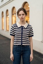 NWT GAP Navy Ivory Striped Crochet Knit Cardigan Small 100 Cotton
