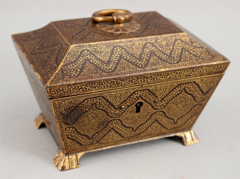  Small 19thC Antique Inlaid Gold Koftgari Steel Jewelry Box, North India, NR 